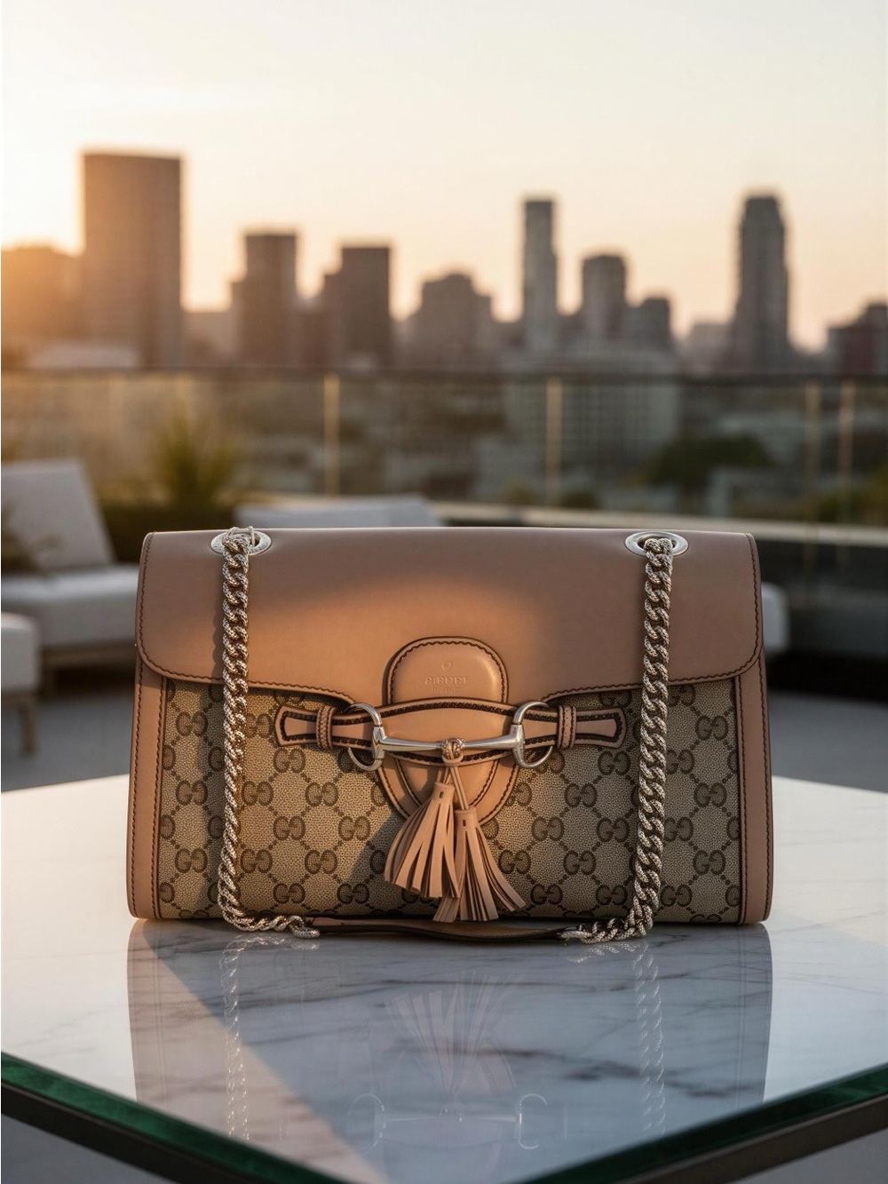Gucci Emily Brown GG Supreme Leather- Coated Canvas Shoulder Bag with Tassel